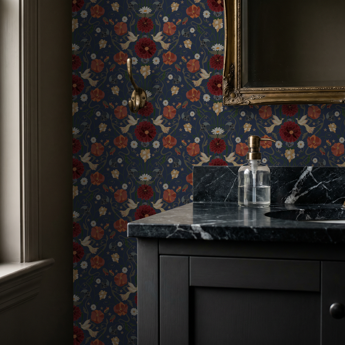 Blue floral wallpaper with red and orange flowers in elegant bathroom setting.