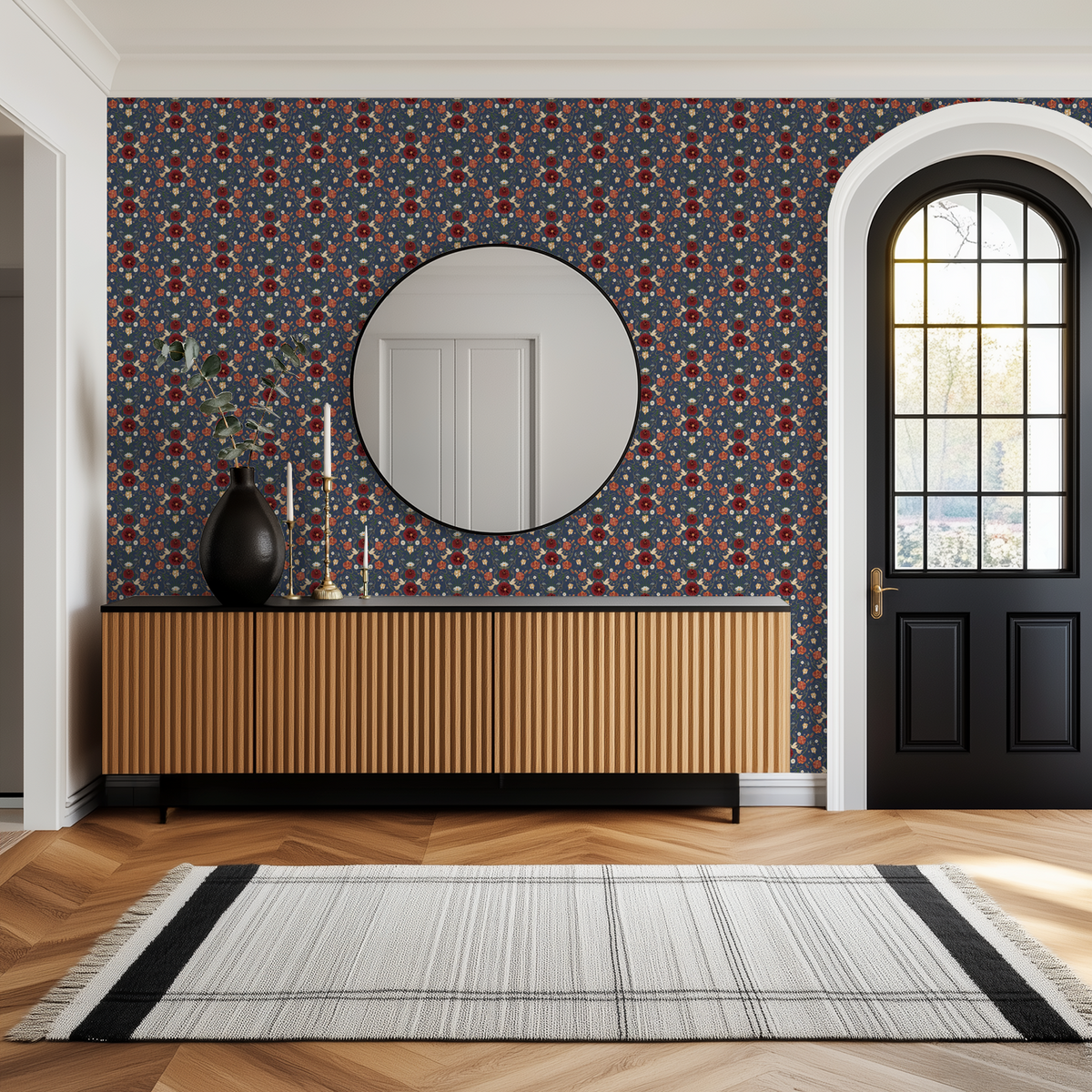 Blue wallpaper with red and orange floral pattern in modern hallway setting.