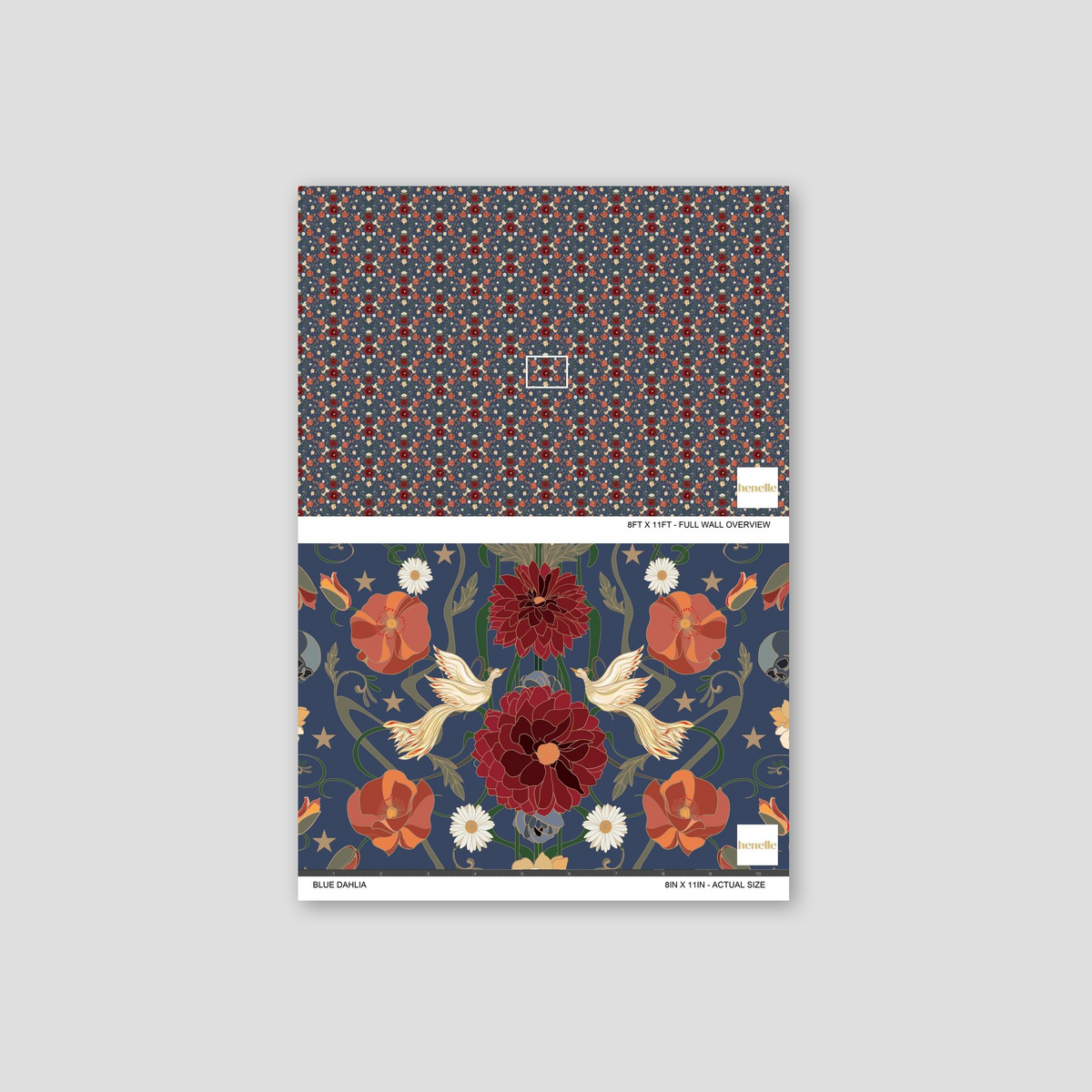 Blue wallpaper with red and orange flowers, green vines, and skull motifs.