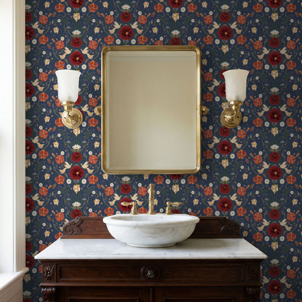 Blue wallpaper with red and orange flowers, green vines, and subtle skulls in a vintage bathroom setting.