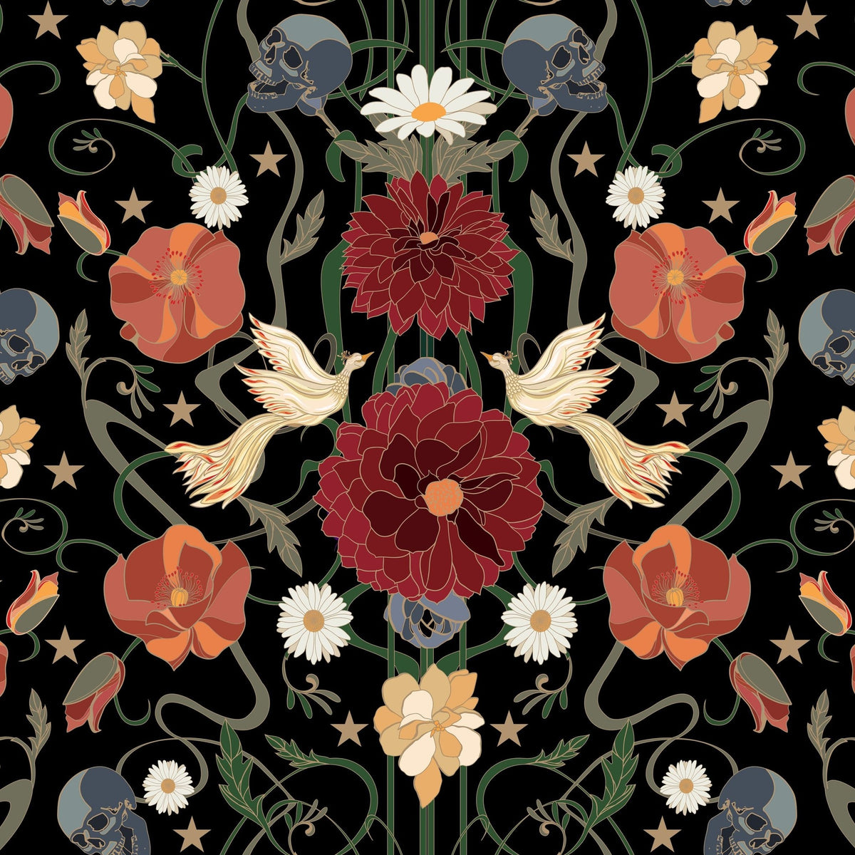 Dark floral wallpaper with crimson dahlias, orange poppies, cream flowers, skulls, and birds.