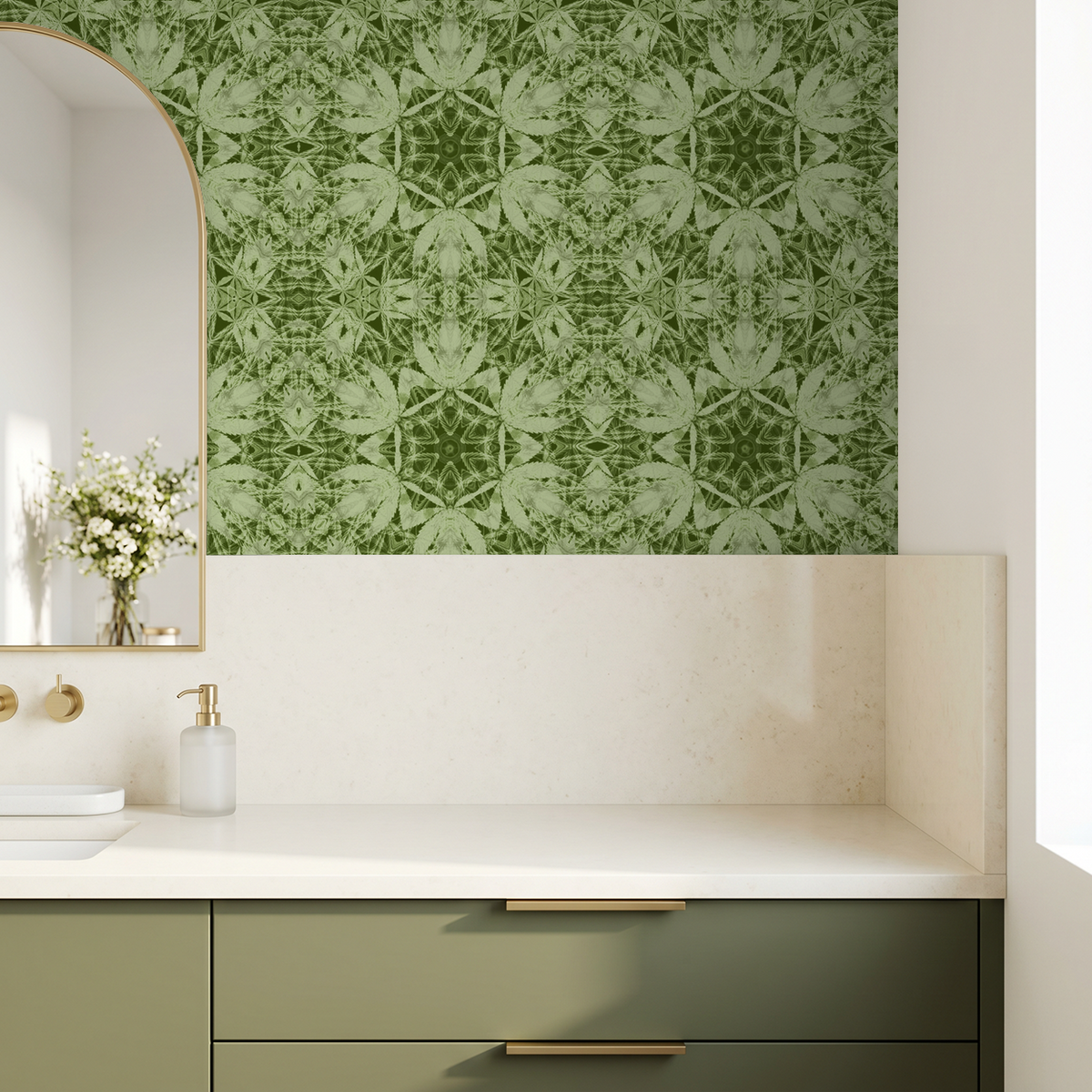 Green botanical patterned wallpaper in modern bathroom setting.
