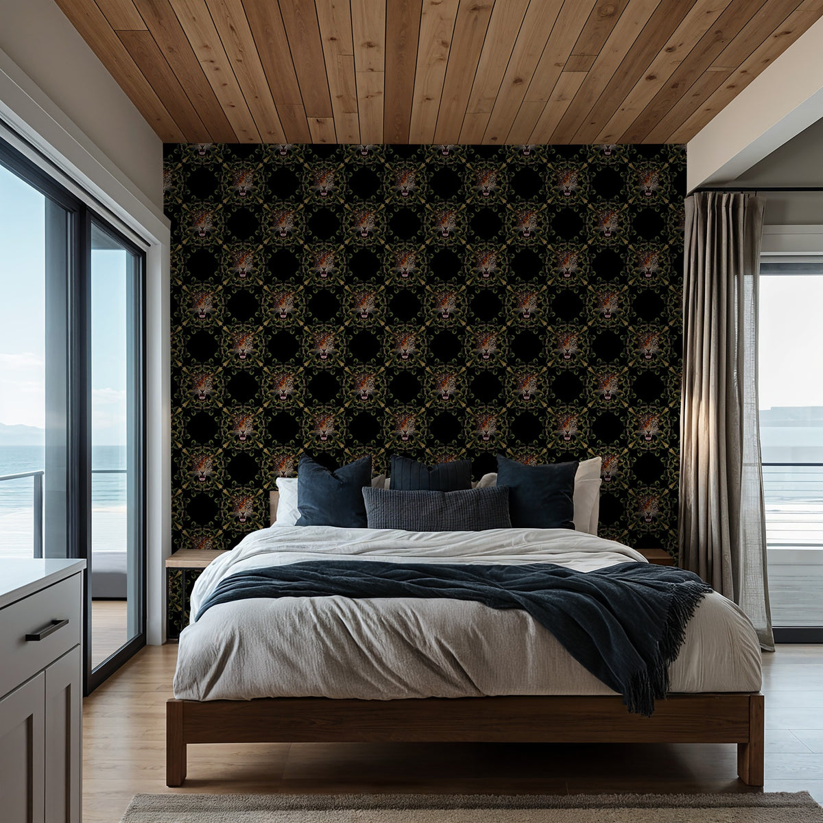 Hollywood Nights wallpaper with leopard face, foliage, and star motifs in a modern bedroom setting.
