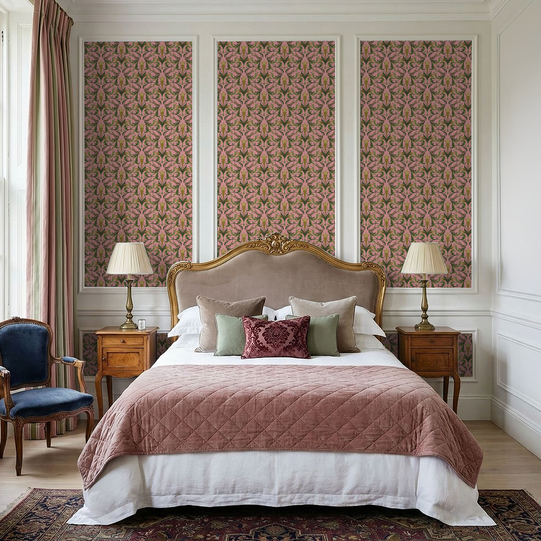 Hollywood Regency Blush wallpaper with leopards and foliage in elegant bedroom setting.