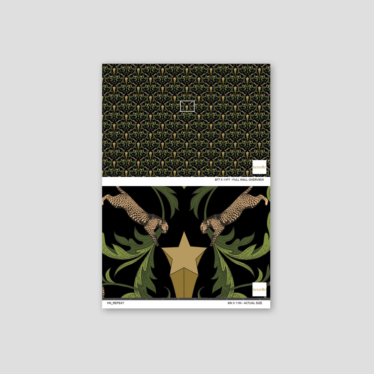 Hollywood Regency Onyx wallpaper with leopards, stars, and green leaves on onyx