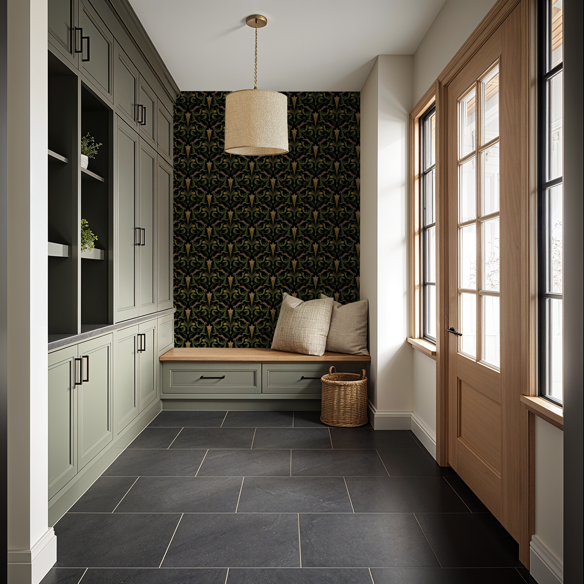 Hollywood Regency Onyx wallpaper with leopards, stars, and green leaves on onyx
