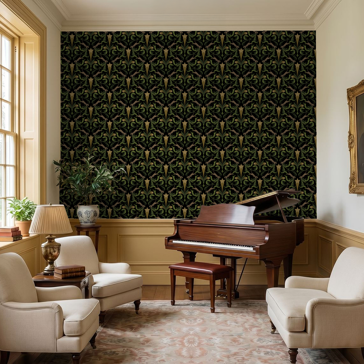 Hollywood Regency Onyx wallpaper with leopards, stars, and green leaves on onyx