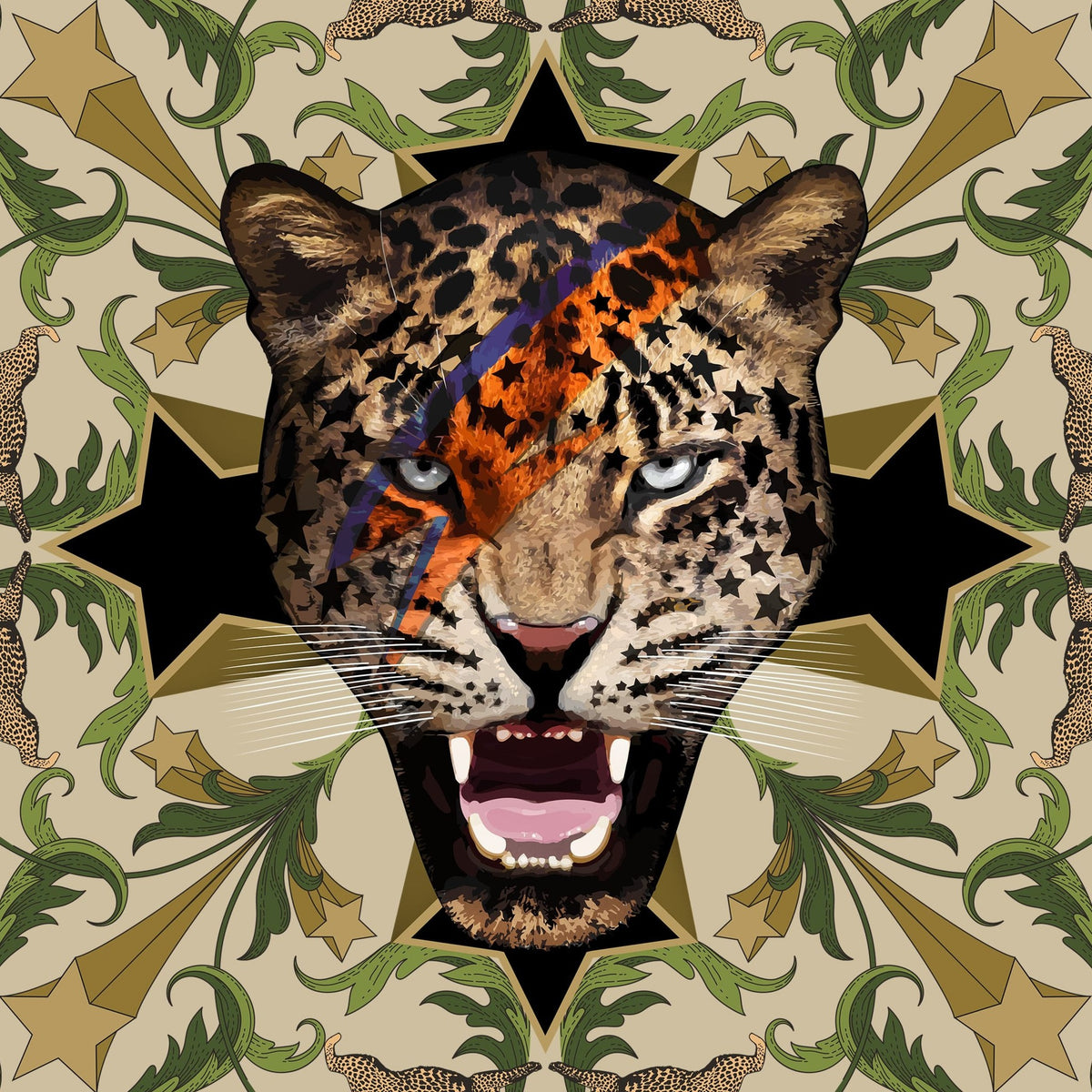 Bold leopard face wallpaper with green foliage and star motifs on a neutral background.