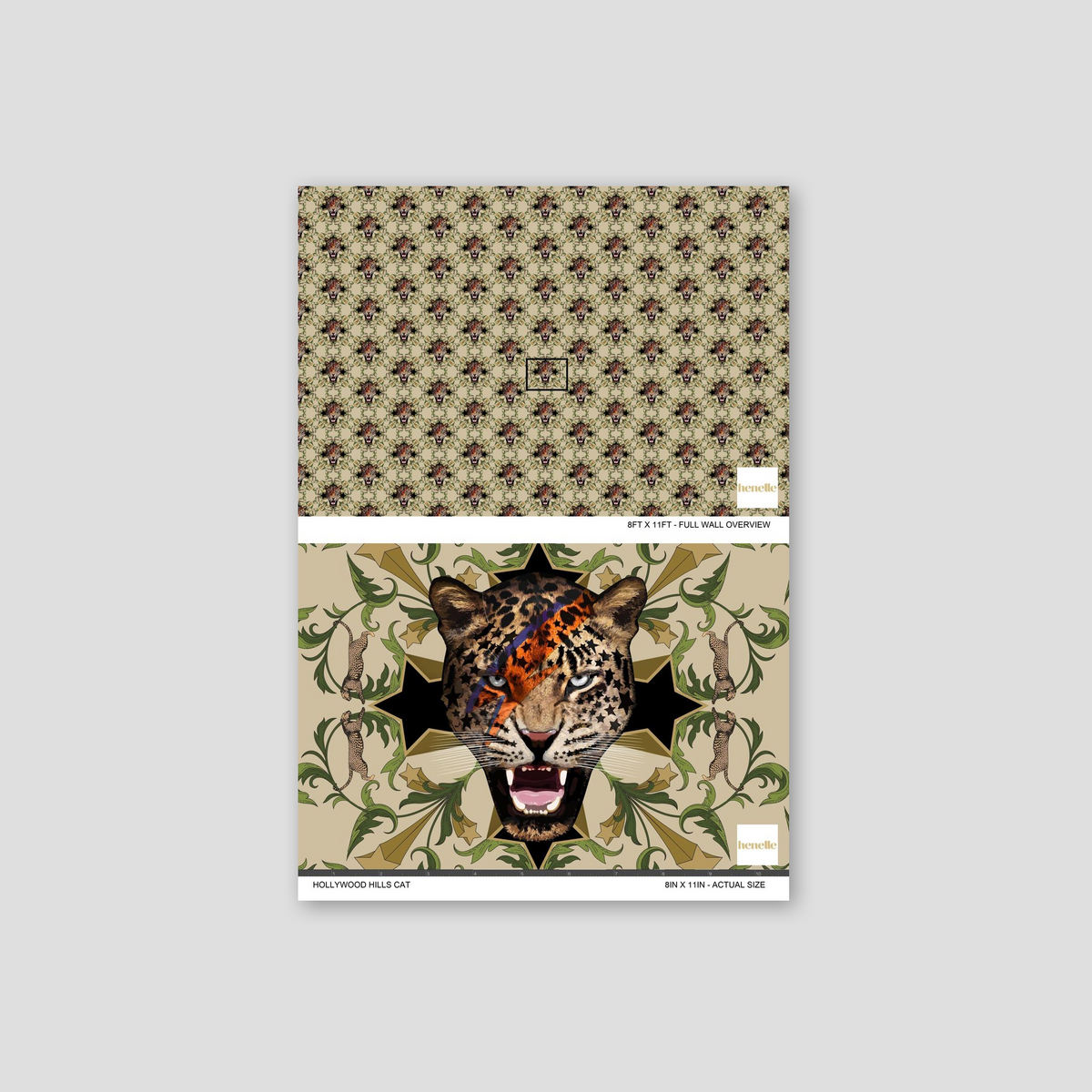 Leopard motif wallpaper with lush foliage on neutral backdrop, Hollywood Hills Cat design.