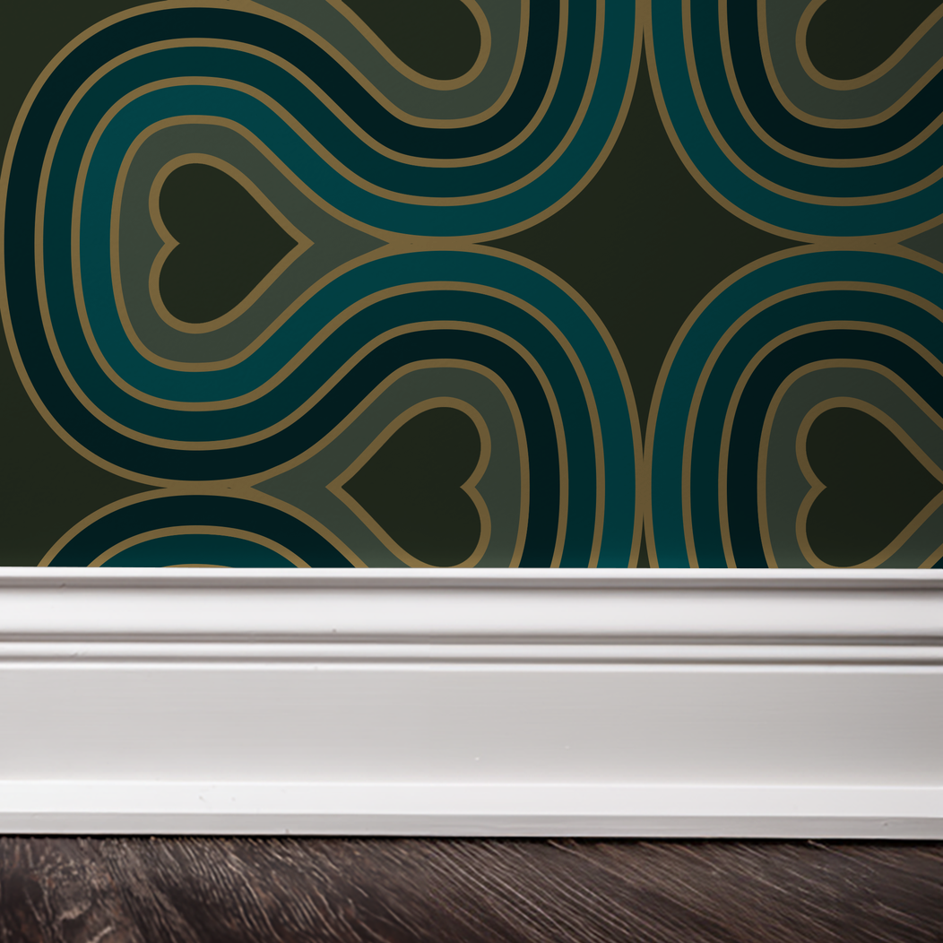 1970s-inspired wallpaper with avocado linear hearts and wavy lines