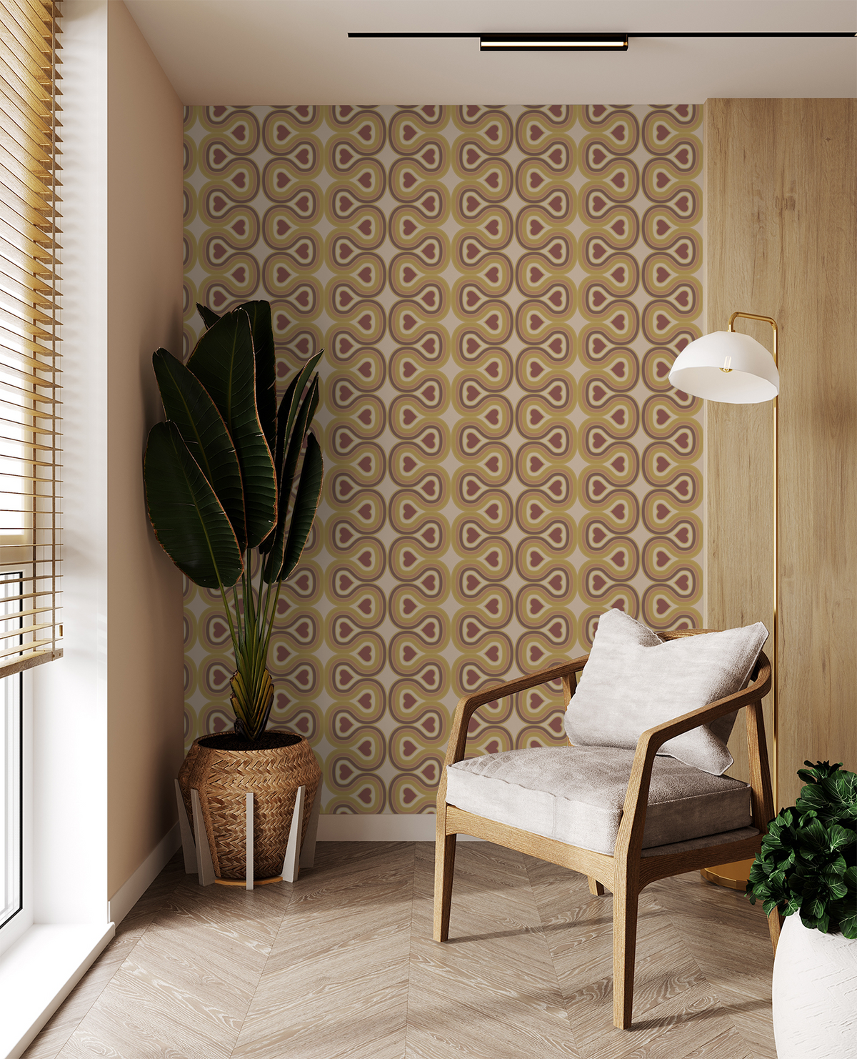 Love Lines Mustard wallpaper with retro heart pattern in cozy living room.