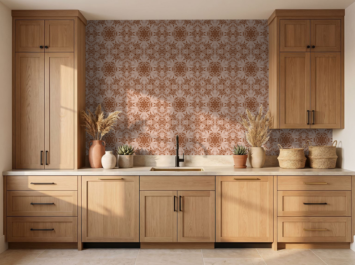Mary Jane Almond wallpaper with terracotta motifs in a rustic kitchen setting.
