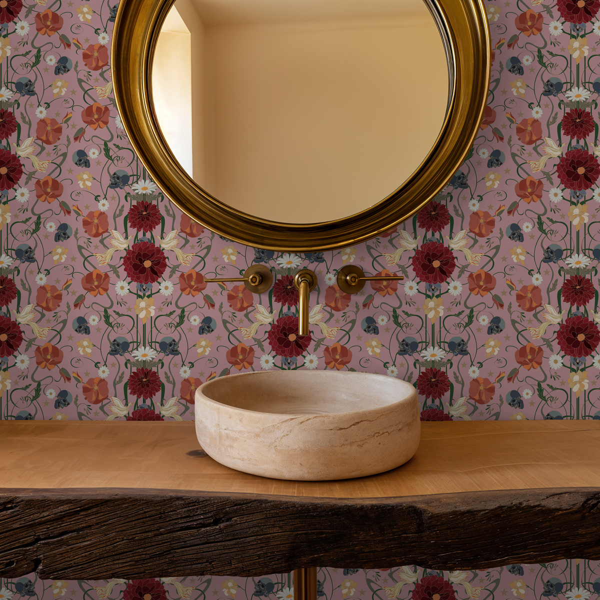 Pink Dahlia wallpaper with burgundy and orange flowers, ivory birds, and skulls in a bathroom setting.