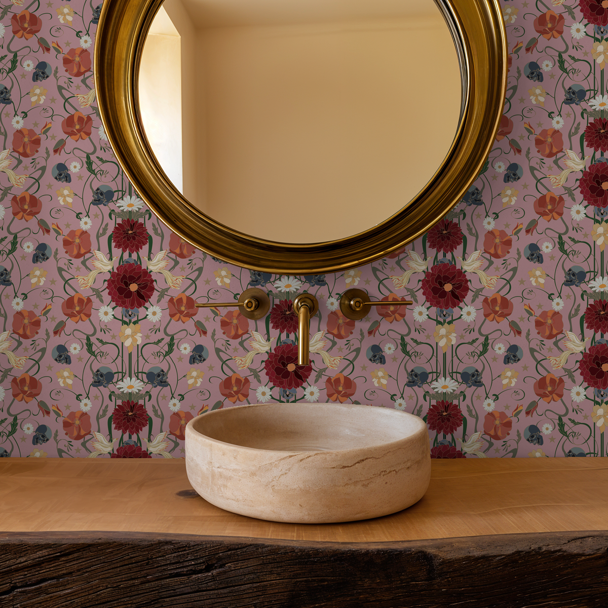 Pink Dahlia wallpaper with burgundy and orange flowers, ivory birds, and skulls in a bathroom setting.