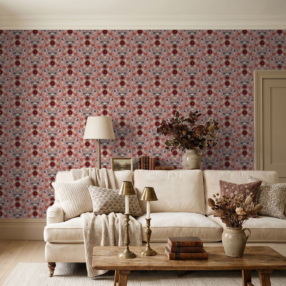 Pink Dahlia wallpaper with burgundy and orange floral pattern in elegant living room setting.
