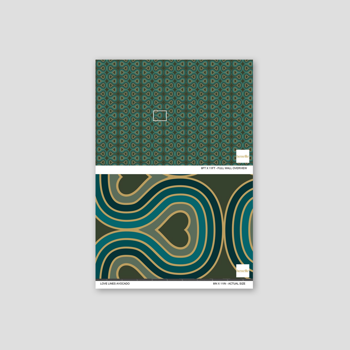 Retro 1970s-inspired wallpaper with linear hearts and wavy lines in green and blue tones.