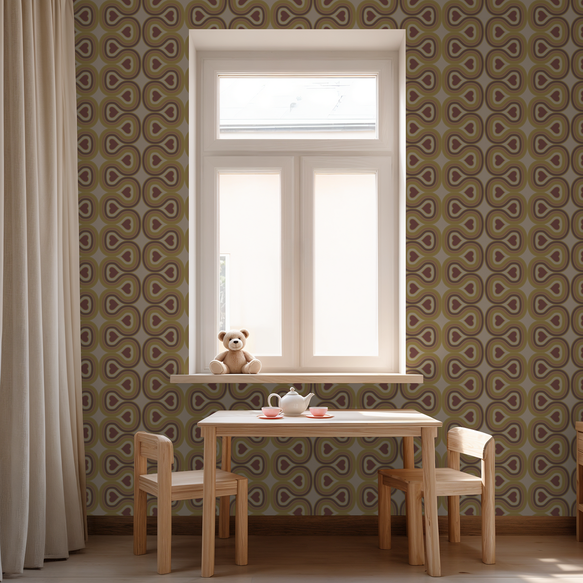 Retro heart-patterned mustard wallpaper in cozy dining nook with window.