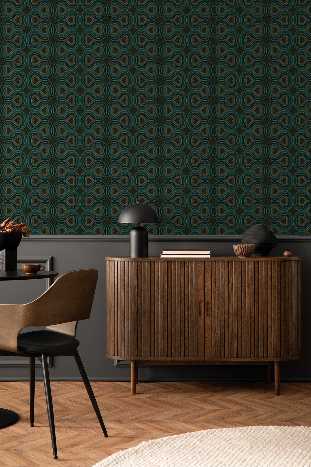 Retro wallpaper with linear heart pattern in dark tones in a modern living room.