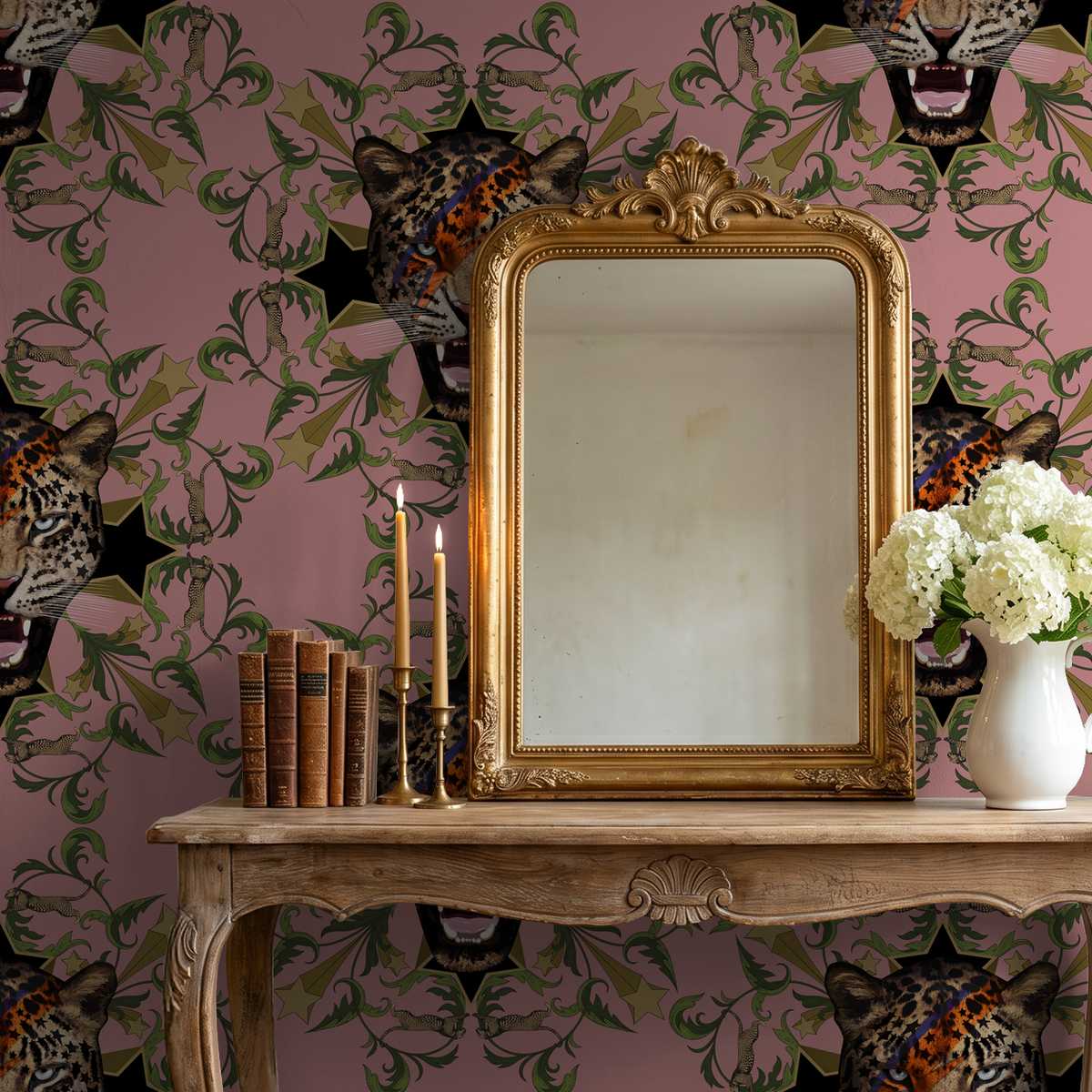 Starlight Leopard Blush wallpaper with leopard face and foliage on pink background in elegant room.