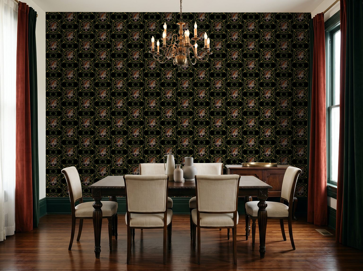Starlight Leopard Wallpaper Noir in elegant dining room with chandelier.