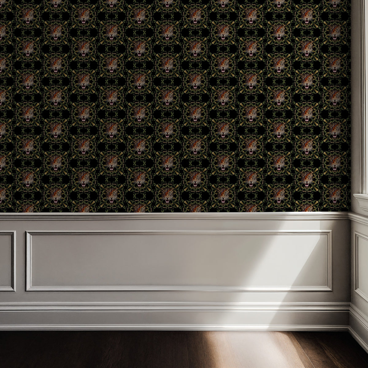 Starlight Leopard Wallpaper Noir with leopard heads and stars on black in elegant room
