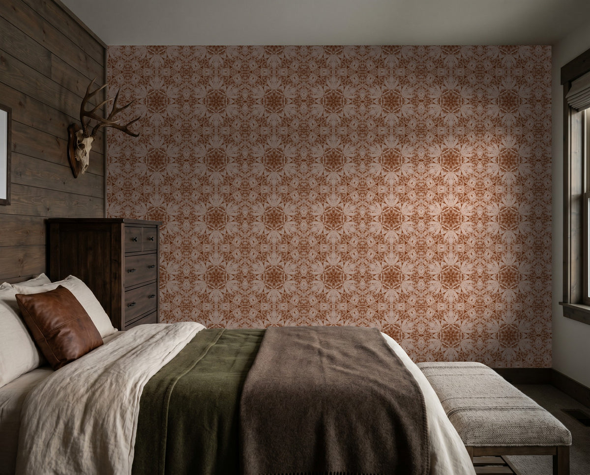 Terracotta and cream floral wallpaper in rustic bedroom setting.