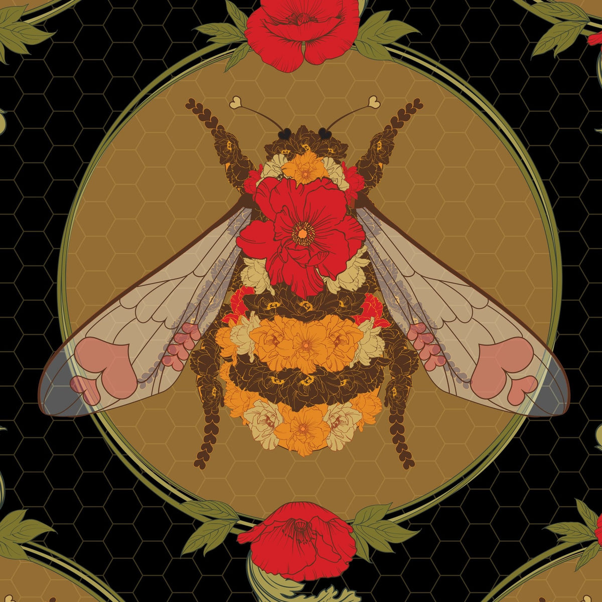 Bee and floral pattern with honeycomb on black background wallpaper.