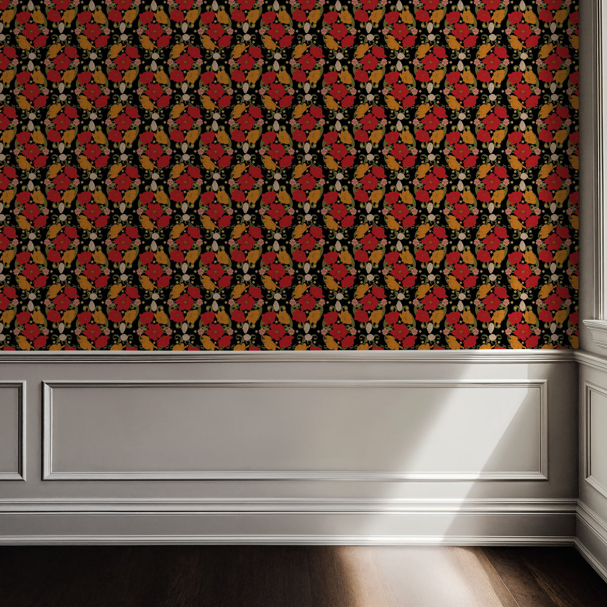 Bloom Noir floral wallpaper with red and orange flowers on black in elegant room