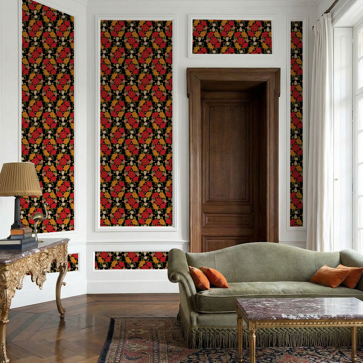 Bloom Noir floral wallpaper with red and orange flowers on black in elegant living room.