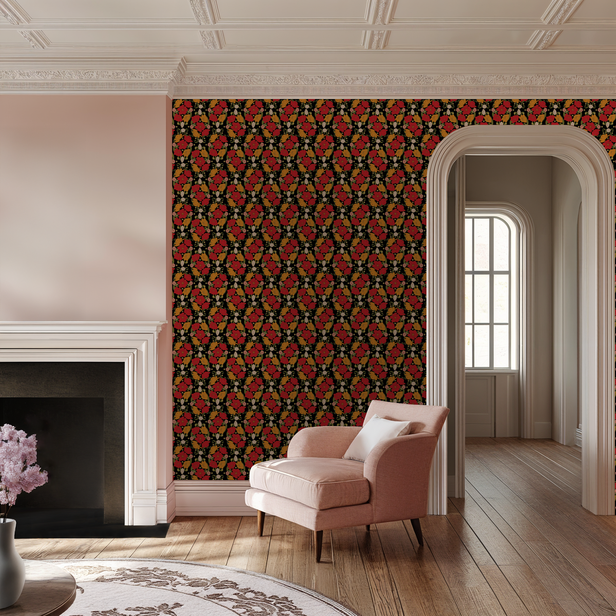 Bloom Noir wallpaper with red and orange florals on black in elegant living room.