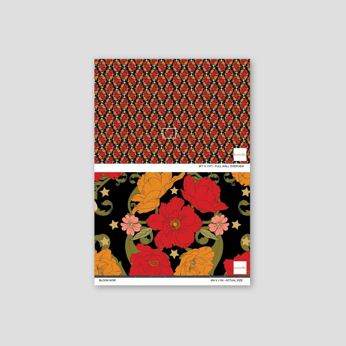 Bloom Noir wallpaper with vibrant red and orange florals on black background.