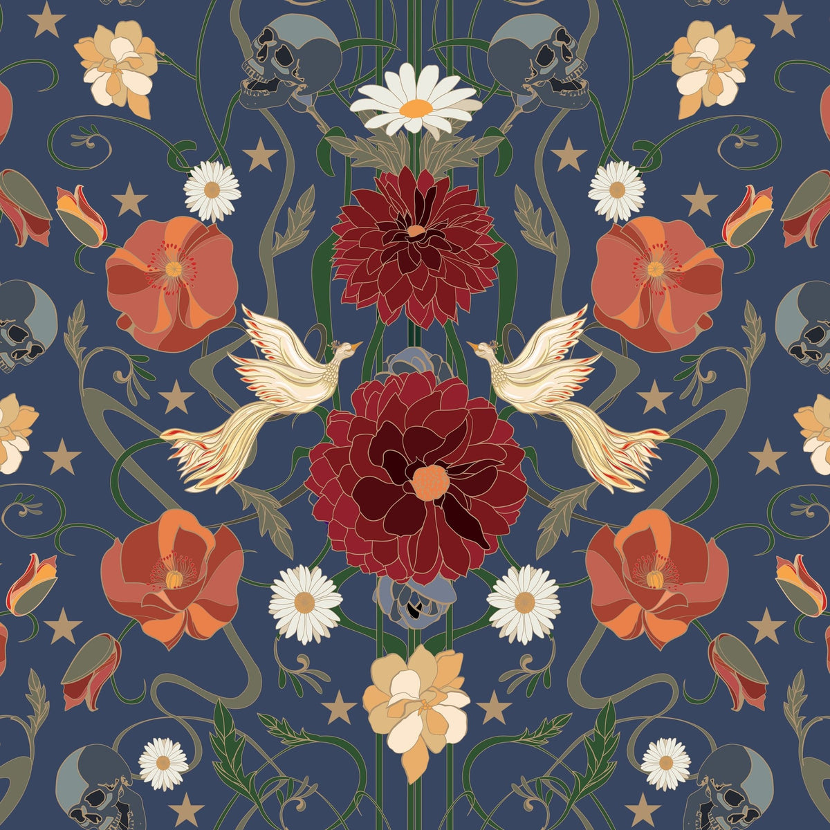Blue wallpaper with red and orange flowers, skulls, and green vines.