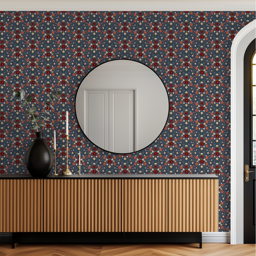 Blue wallpaper with red and orange floral pattern in modern hallway setting.