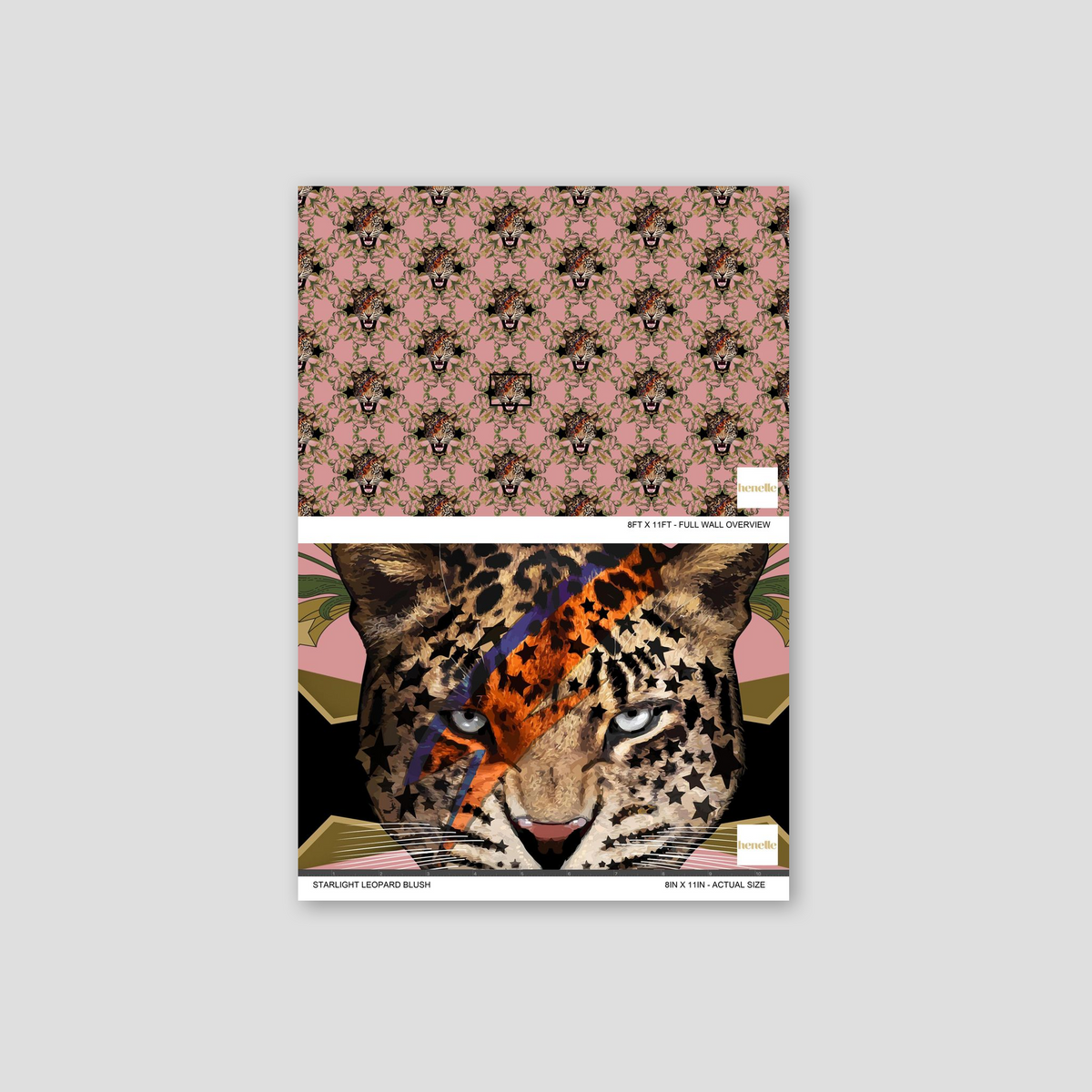 Bold leopard face wallpaper with orange and purple accents on pink background.
