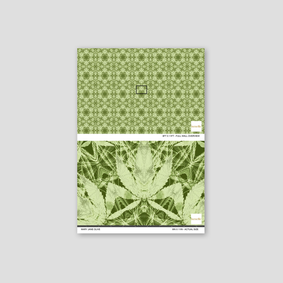 Green botanical leaf pattern wallpaper sample with intricate design