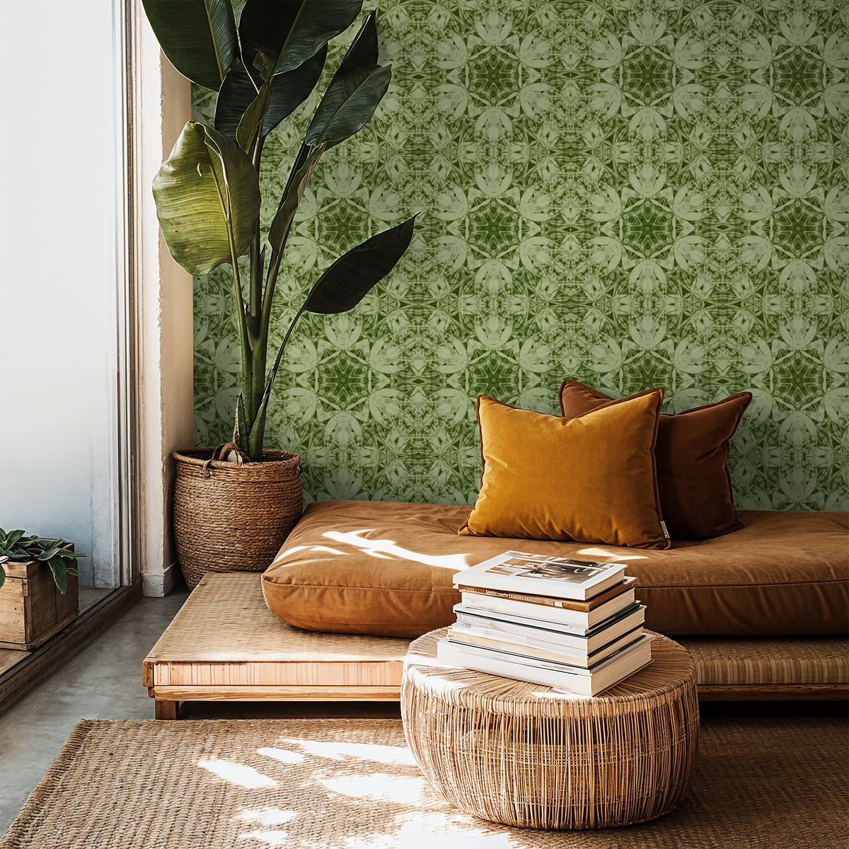 Green botanical wallpaper in cozy living room with plants and cushions.