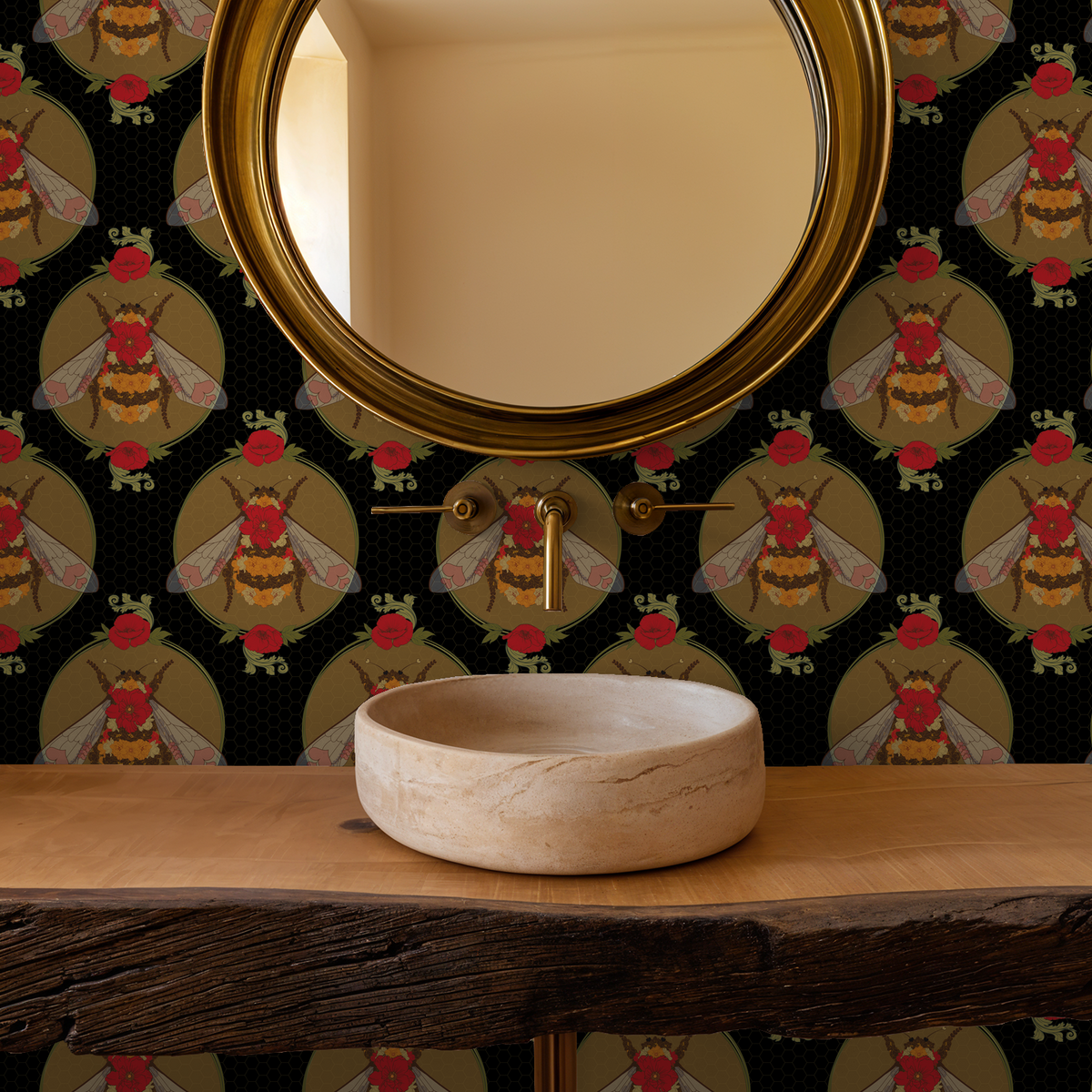 Hive Society Noir wallpaper with bee and floral motif in bathroom setting.