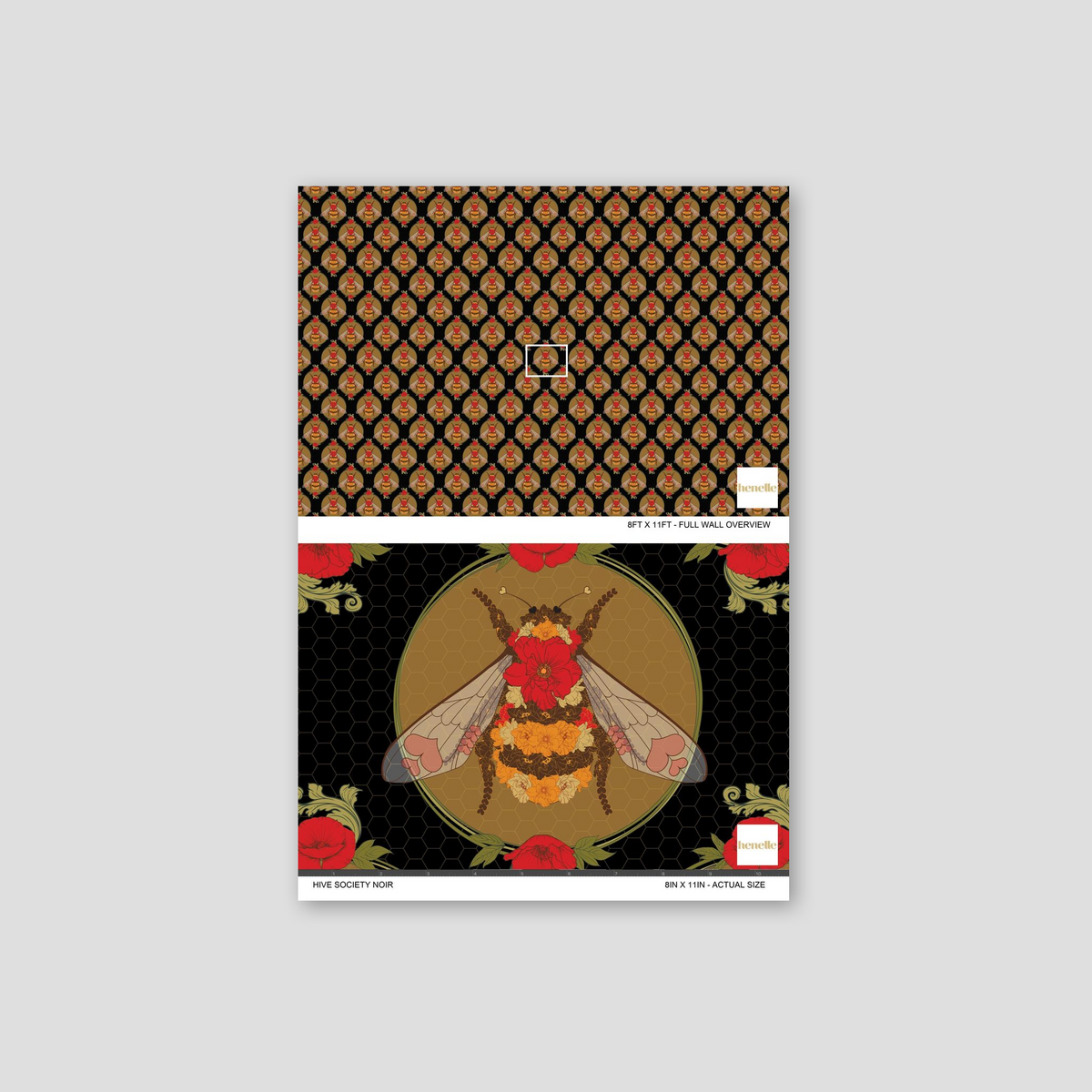 Hive Society Noir wallpaper with bee and floral pattern on black background.