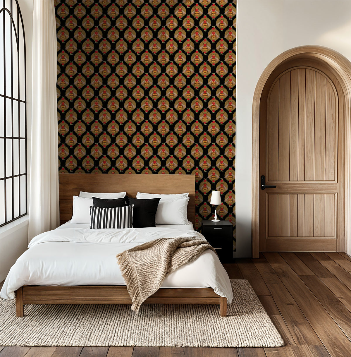 Hive Society Noir wallpaper with bee and floral pattern in modern bedroom setting.