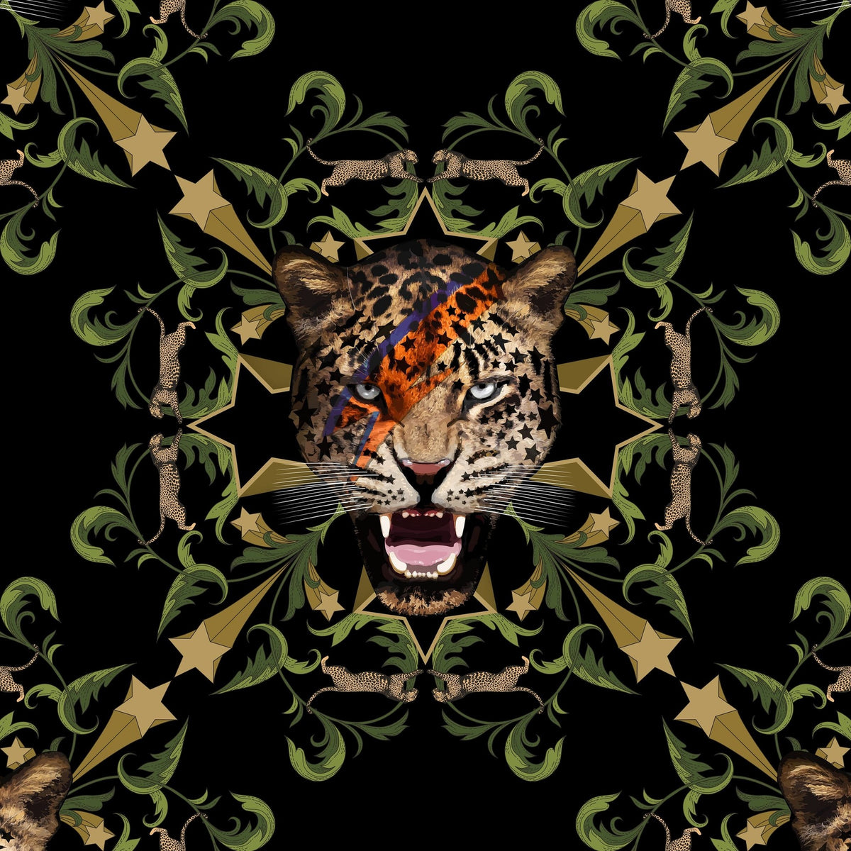 Bold leopard face with orange and blue lightning on black wallpaper with olive foliage and stars.