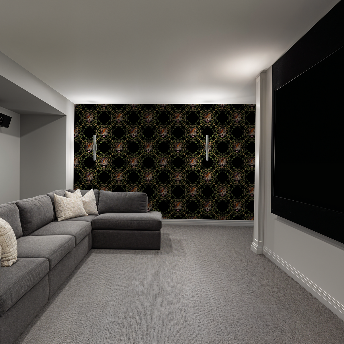Hollywood Nights wallpaper with leopard face and foliage in modern living room.