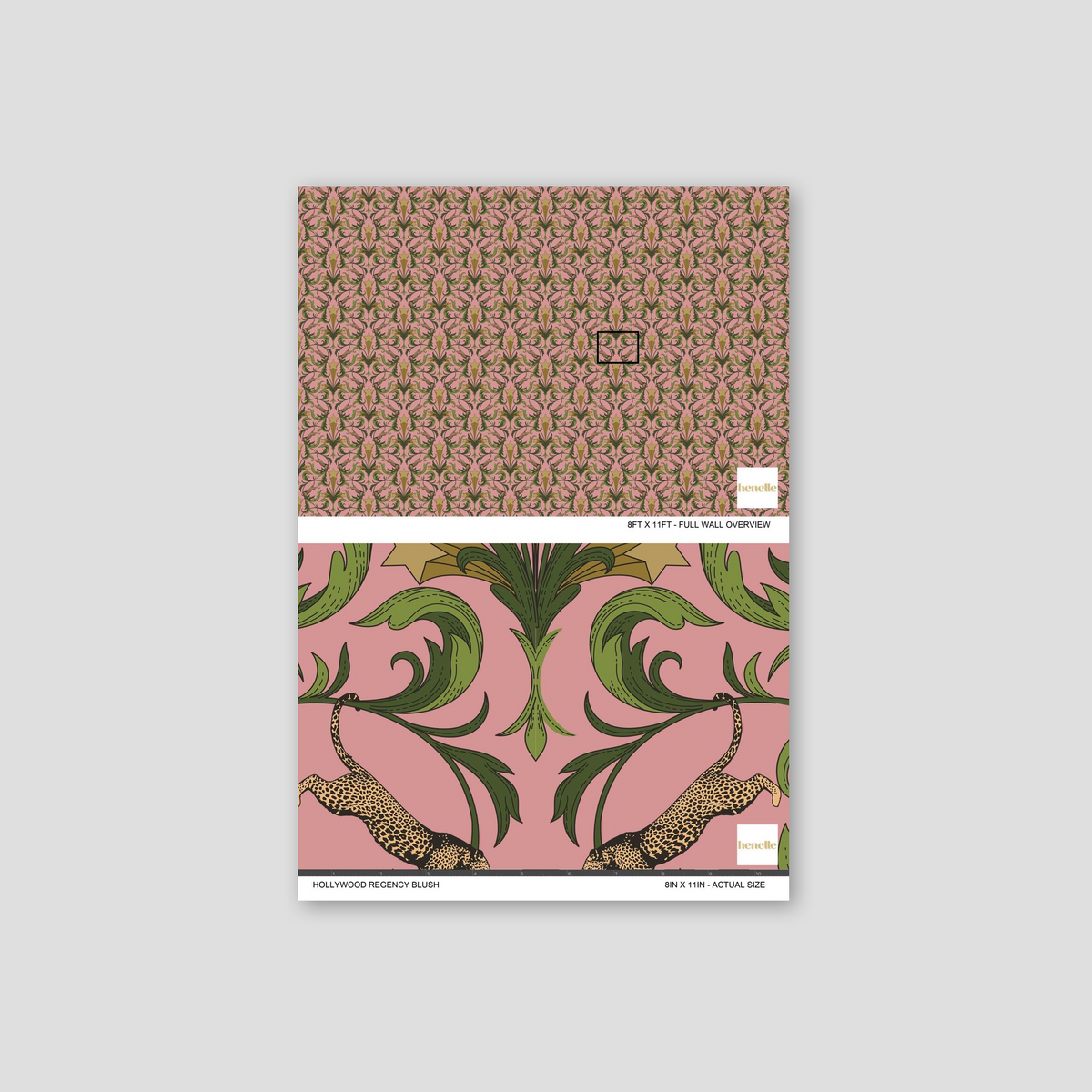 Hollywood Regency Blush wallpaper with leopards, green foliage, and stars on pink background.