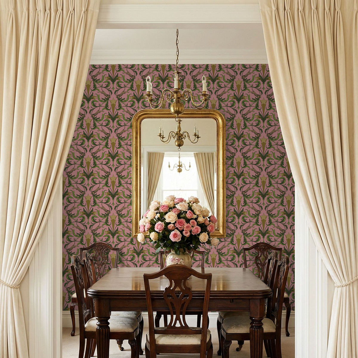 Hollywood Regency Blush wallpaper with leopards and foliage in elegant dining room