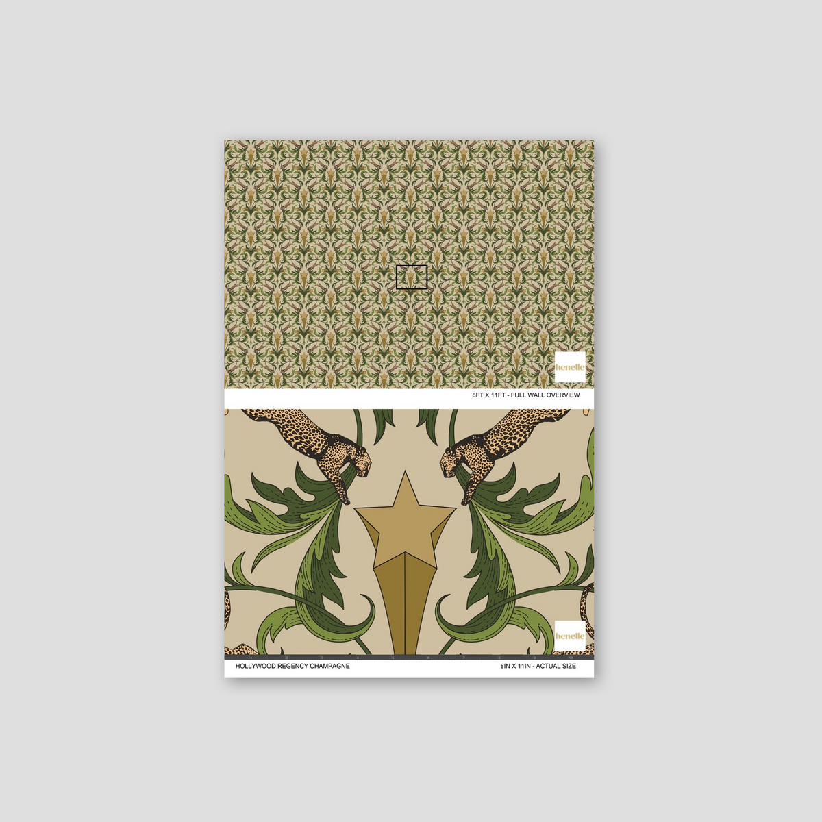 Hollywood Regency wallpaper with leopards, stars, and green leaves on blush pink.