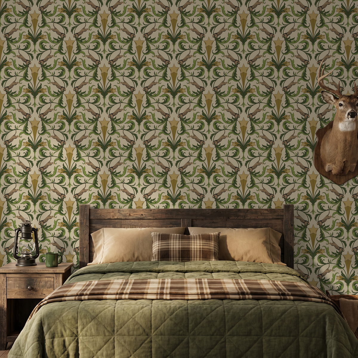 Hollywood Regency wallpaper with leopards, stars, green leaves on blush pink in rustic bedroom.