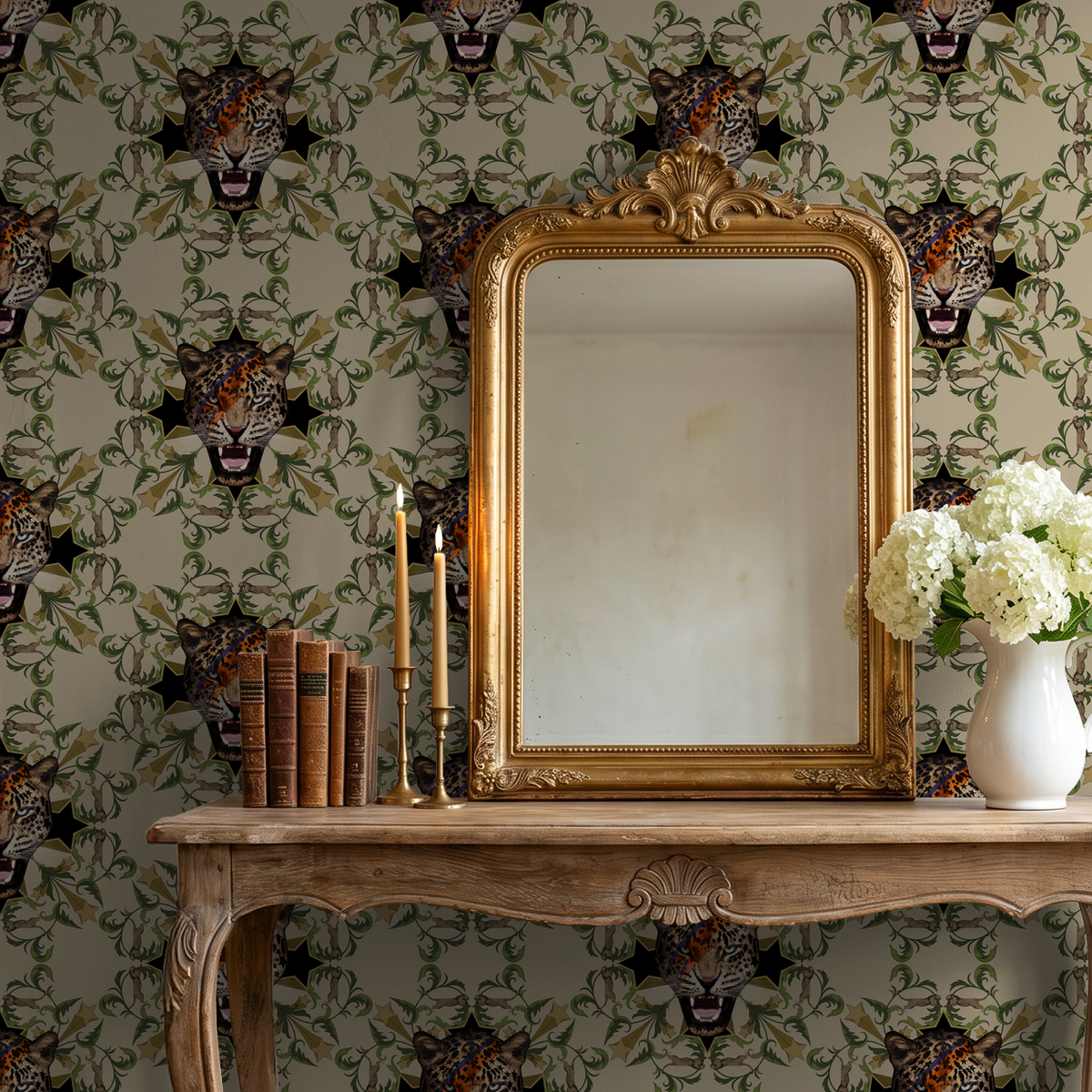 Leopard motif wallpaper with green foliage behind ornate mirror and vintage decor.