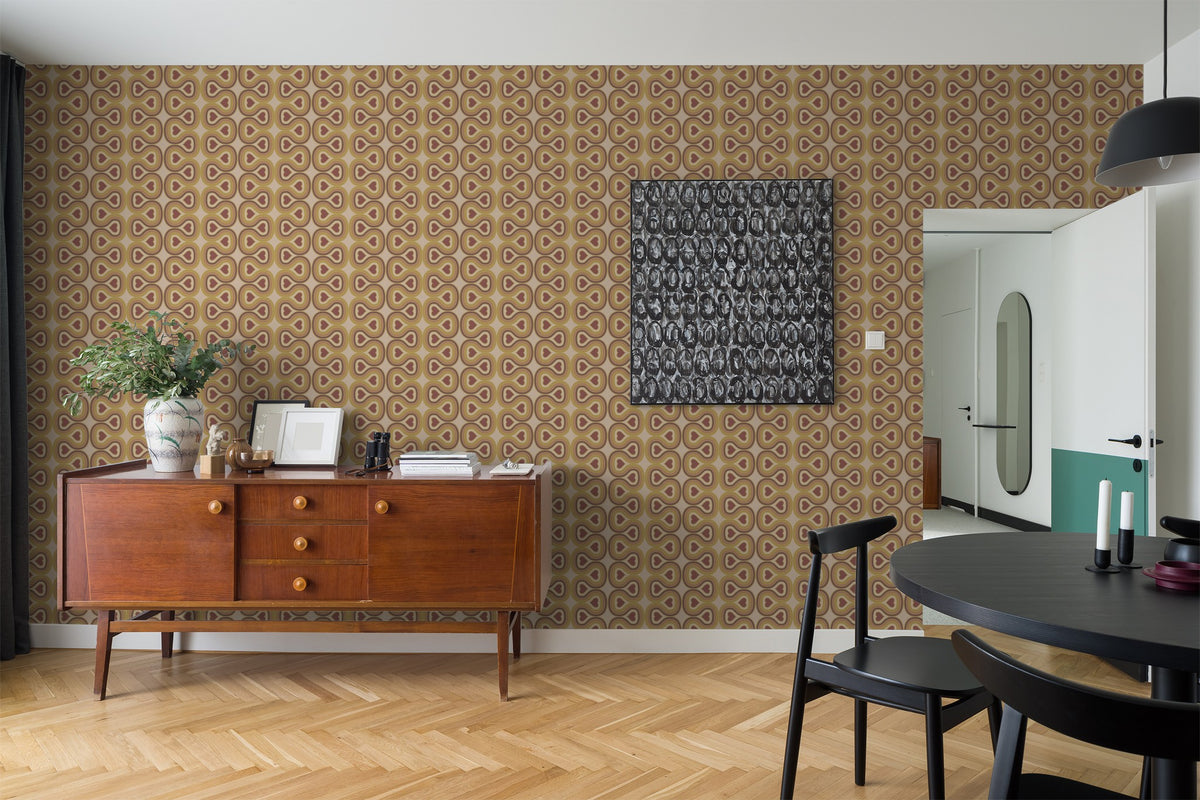 Love Lines Mustard wallpaper with retro pattern in a mid-century modern living room.