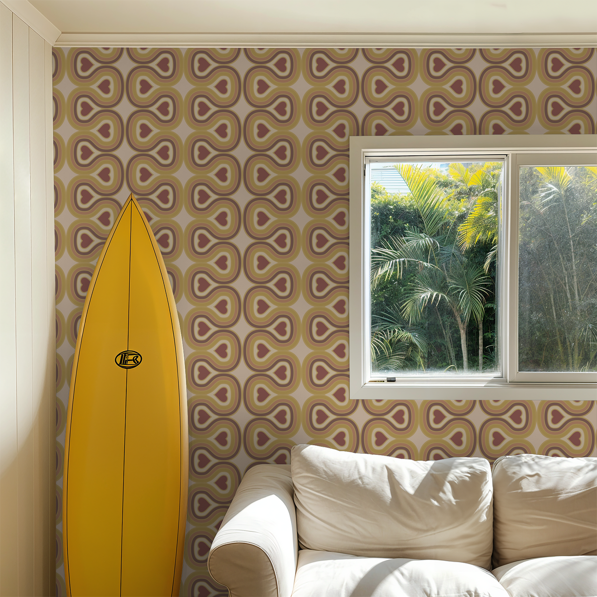 Love Lines Mustard wallpaper with retro pattern in a mid-century modern living room.