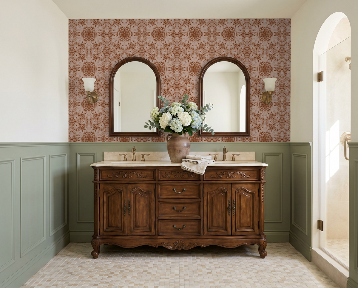 Mary Jane Almond wallpaper with intricate terracotta motifs in elegant bathroom setting.