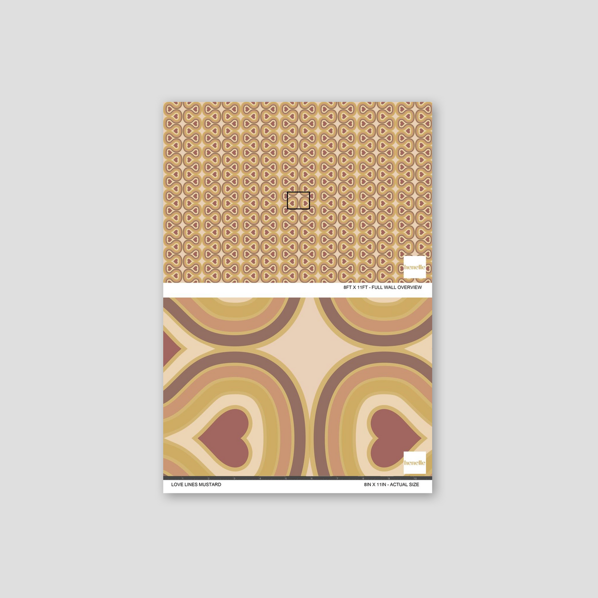 Mustard and ochre retro heart pattern wallpaper sample.